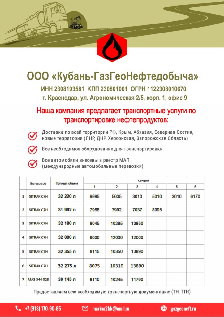 транспортные перевозки топлива ООО «Кубань-ГазГеоНефтедобыча»